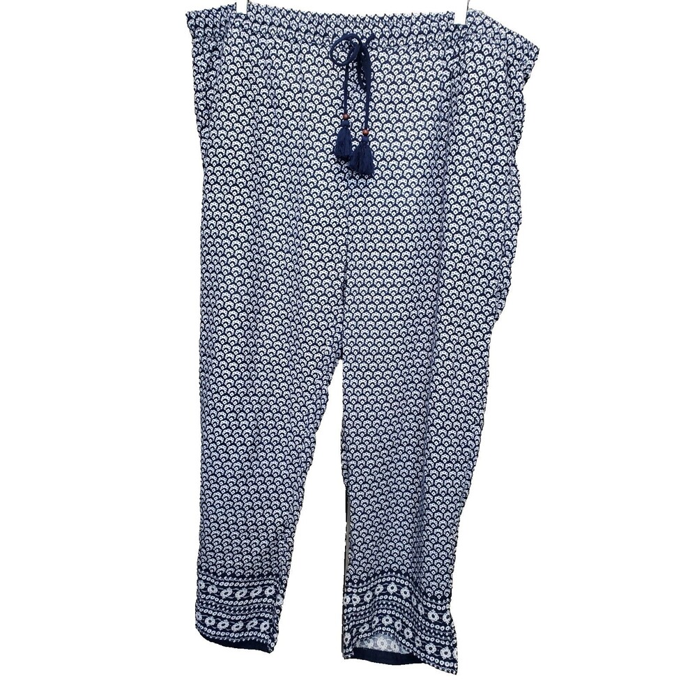 TALBOTS Plus Geo Print Cotton Drawstring Waist Tasseled Pull-On Pants Size 3X
